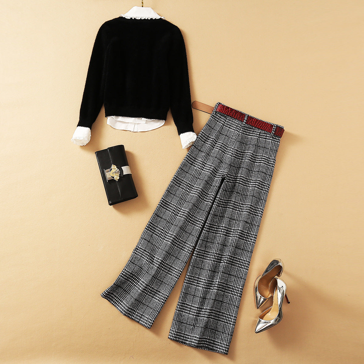 New Style Wooden Ear Shirt With Mohair Sweater And Plaid Wide-leg Pants Three-Piece Suit