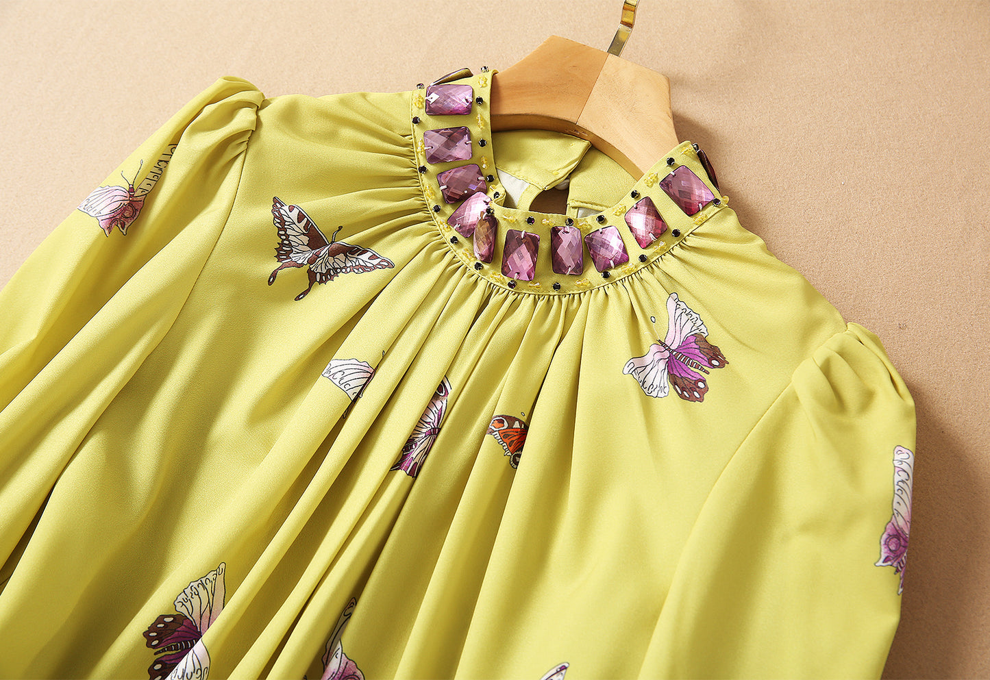 New Beaded Stand-up Collar Long-sleeved Shirt High-waist Straight-leg Printed Trousers Suit