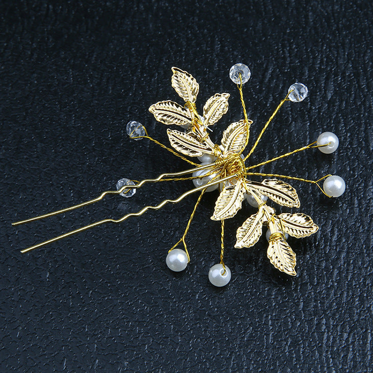 European And American U-shaped Hair Pin Golden Leaf Pearl Hairpin