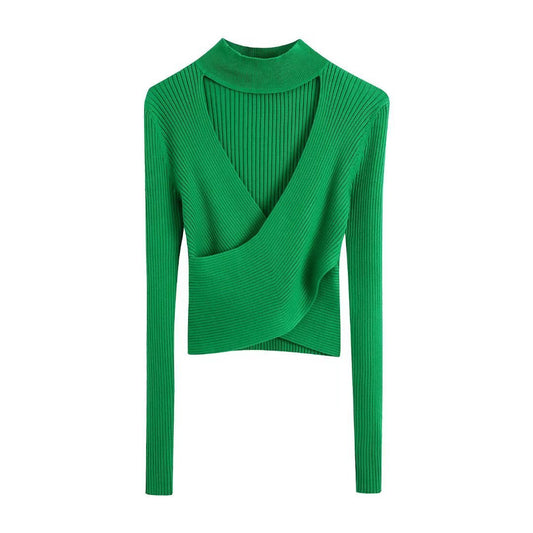 Ladies Fashion Knot Cutout Cropped Navel Knit Sweater