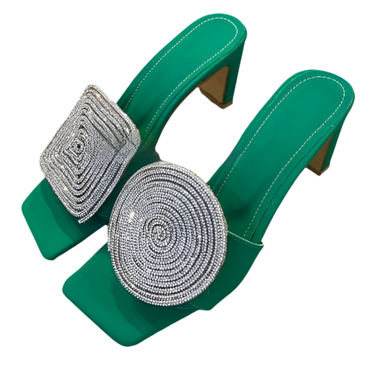 Straw Woven Linen Genuine Leather Straight Drag Worn With Thick Heels Sandals Square Round Rhinestones