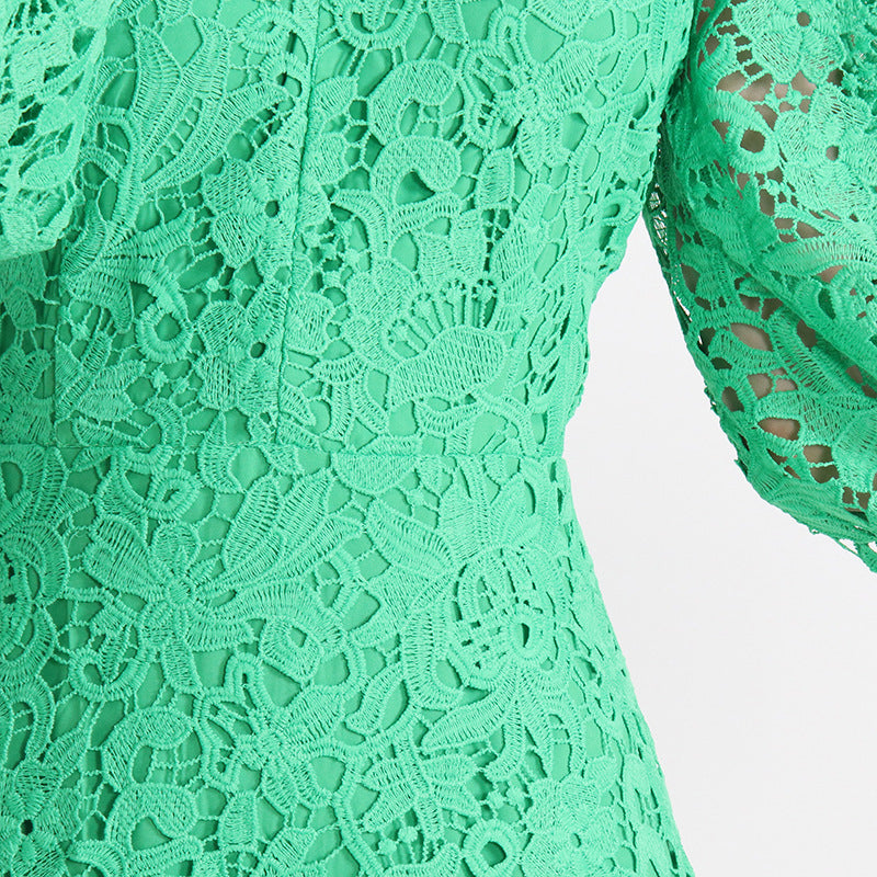 Women's Stand Collar Long Sleeve Waist Long Embroidery Hollow Dress