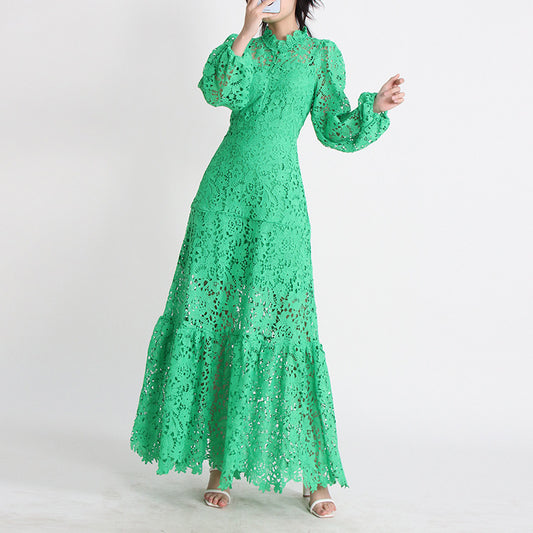 Women's Stand Collar Long Sleeve Waist Long Embroidery Hollow Dress