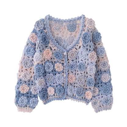 New Heavy Industry Manual Rose Crocheted Knitted Cardigan Sweater Coat For Women