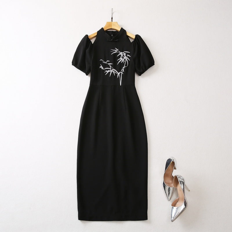 Stand Collar Embroidery Short Sleeve Dress Women