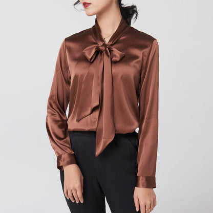 Mulberry Silk Bottoming V-neck Bow Large Ribbon Women's Shirt