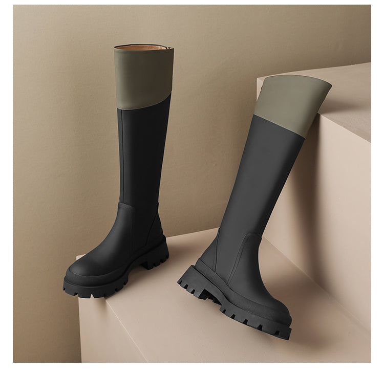 Thick Soled Boots With Round Head And Matching Colour