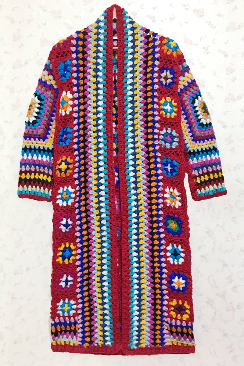 Women's Autumn Hollow Crocheted Ethnic Color Square Wool Sweater Coat
