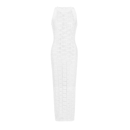 Long Sleeve Round Neck Hollow Out Knitwear Dress Vest