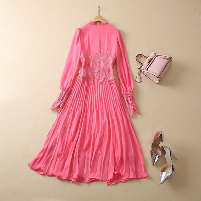 Pleated V-neck Long-sleeve Dress Women