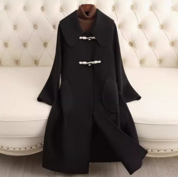 Small Lapel Cashmere Coat For Women's Loose Fitting Medium Length Style