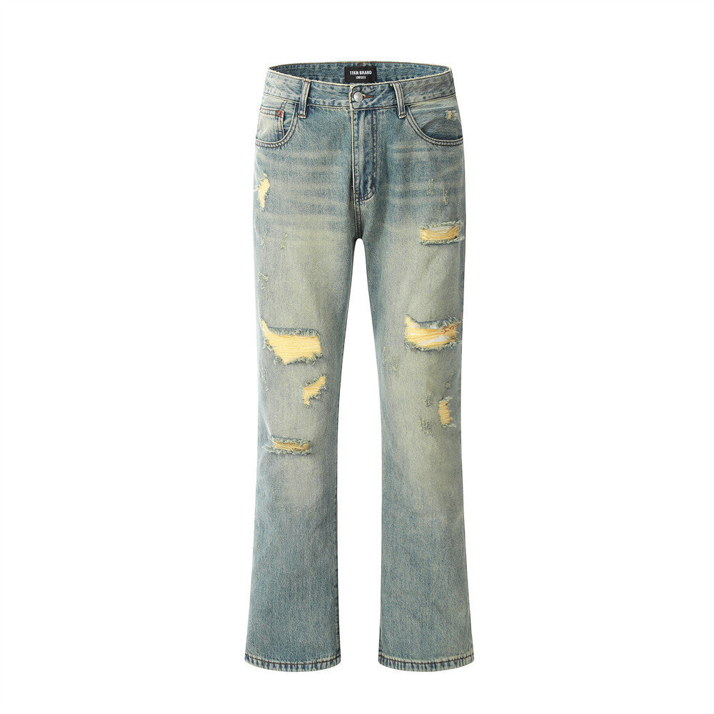 Pan Yellow Denim Broken Holes Pants Men