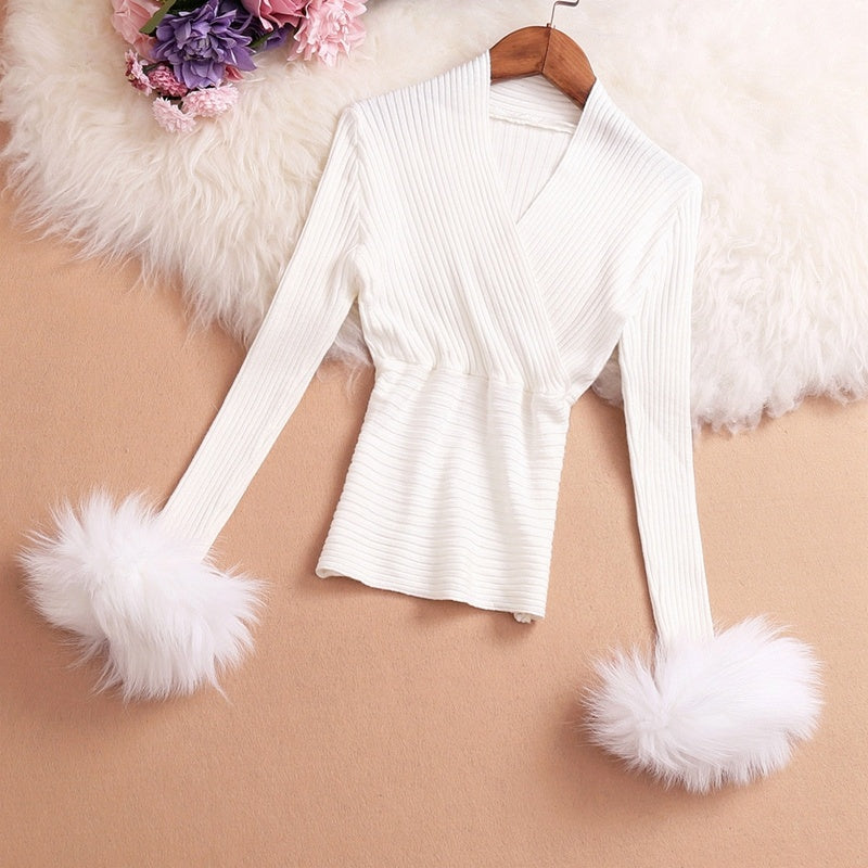 Furry Sleeves Cross V-neck Knit Sweater With Waist Waist Top Women