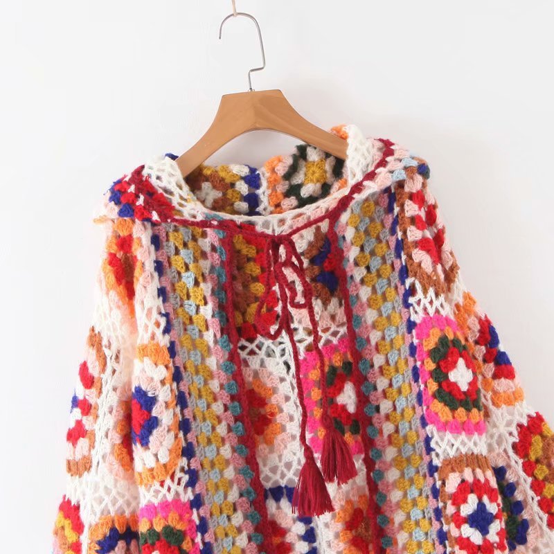 Women's handmade crochet lace up mid length hooded sweater coat