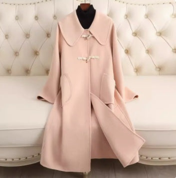 Small Lapel Cashmere Coat For Women's Loose Fitting Medium Length Style