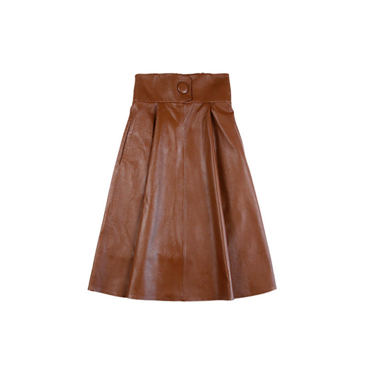 Sheep Skin High Waist Slim Mid-length Skirt Over The Knee