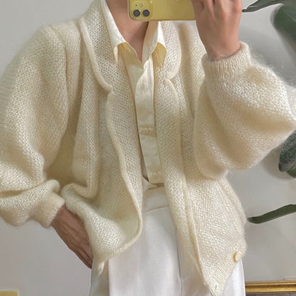 Retro French Sweet Niche Puff Sleeve Knitted Cardigan Women