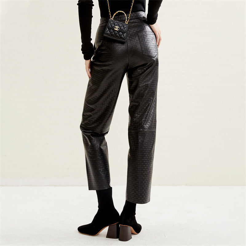 Pocket Embossing Design Sheepskin Straight Pants