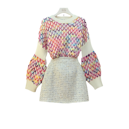 Color sweater and mini skirt