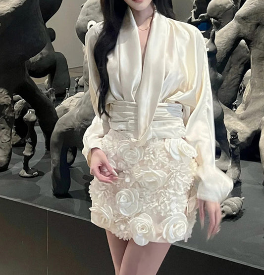 Casual Top Slimming Three-dimensional Flower A- Line Skirt Short Suit