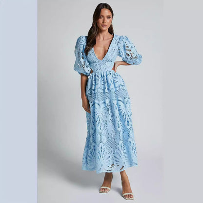 Women's Hollow Out V-neck Lace Embroidery Dress