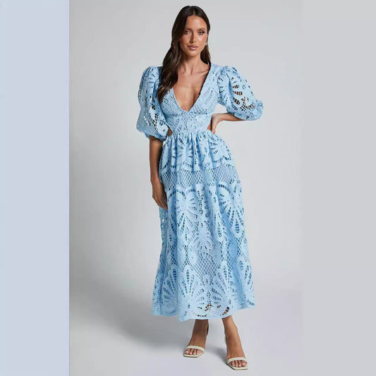 Women's Hollow Out V-neck Lace Embroidery Dress