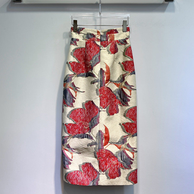 Red Printed High Waist Slit Sheath Skirt