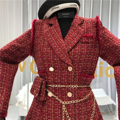 New Gold thread Plaid Suit Coat Women Notched Double breasted Feather Tassel Trim Slim Tweed Jacket With Free Belt bag