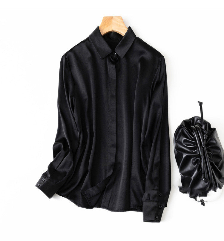 Silk Stretch Plain Crepe Satin Simple Light Luxury Long-sleeved Square Collar Shirt Female Commuter