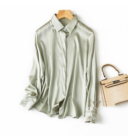 Silk Stretch Plain Crepe Satin Simple Light Luxury Long-sleeved Square Collar Shirt Female Commuter