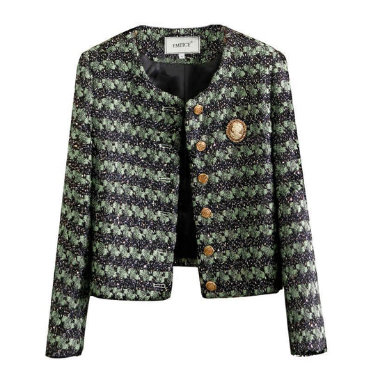 Women's Short Loose Ladies Style Green Striped Coat Jacket