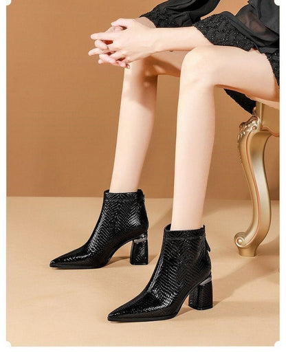 Autumn And Winter Pointed Toe Leather Ankle Boots Women's Thick Heel Zipper High Heels