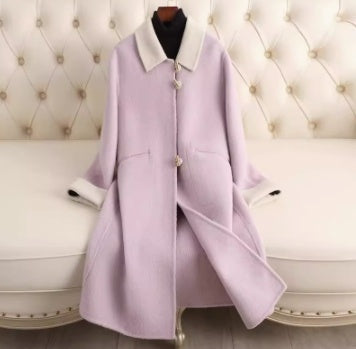 Small Lapel Cashmere Coat For Women's Loose Fitting Medium Length Style