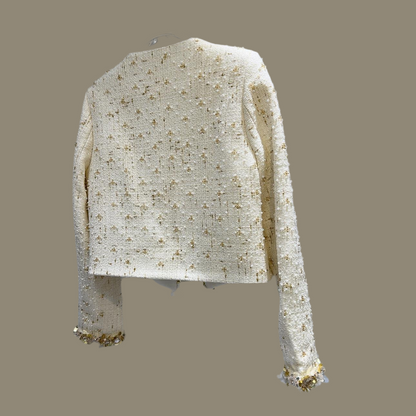 Golden Bright Piece Flower Beaded Edge Tweed Light Luxury Short Coat Top