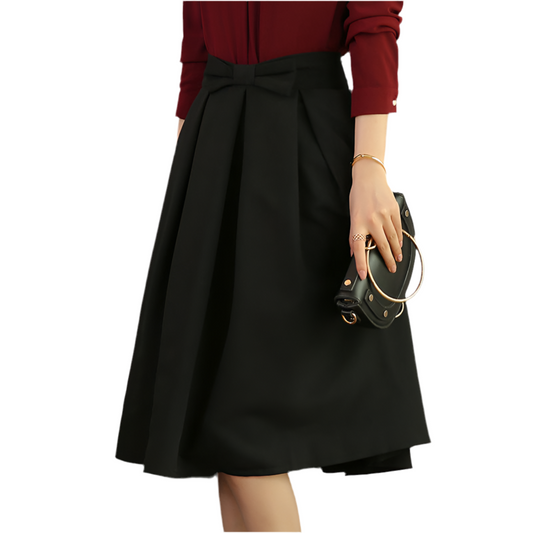 Black skirt bow tie slim waist professional mid skirt white collar work skirt