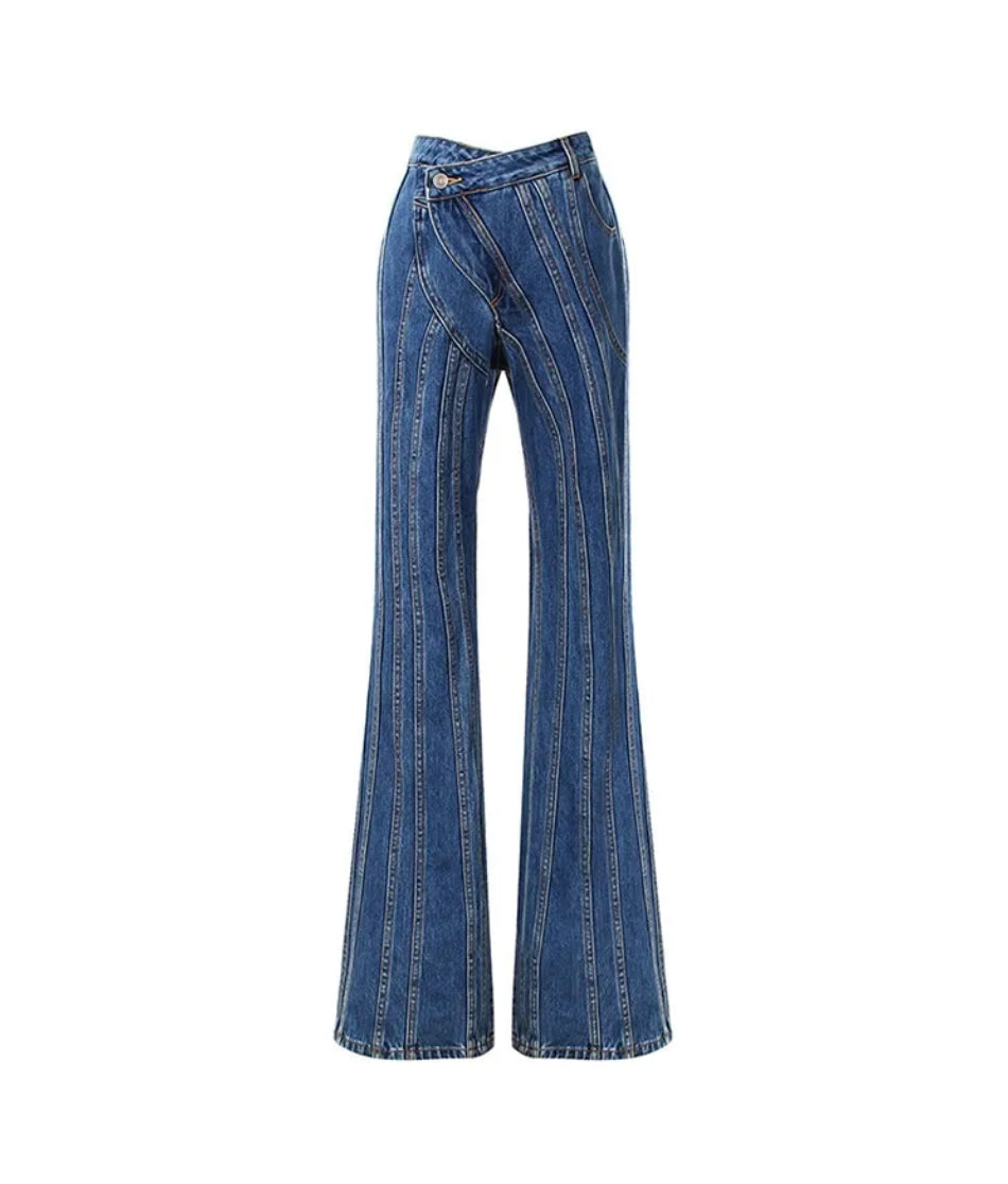 Jeans Women Spring New Stitching irregular Stripes Slim Bell Bottoms