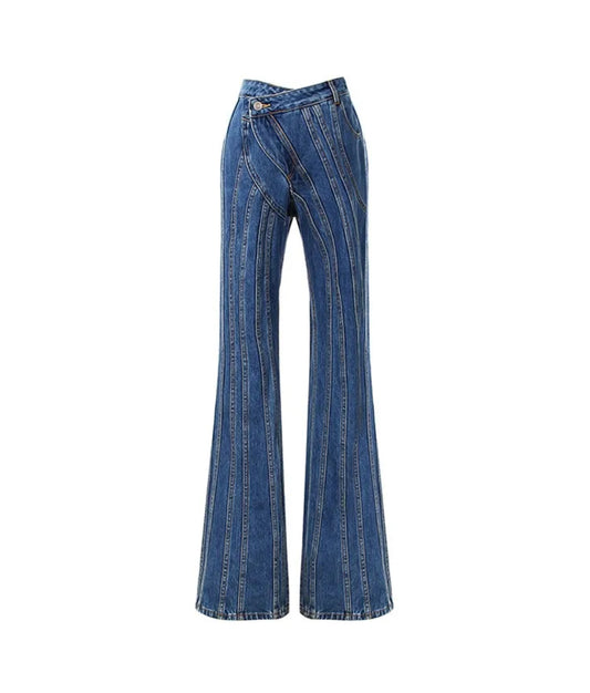 Jeans Women Spring New Stitching irregular Stripes Slim Bell Bottoms