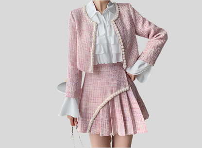 New Women's Ladies' Tweed Jacket Pleated Shirt Set For Women