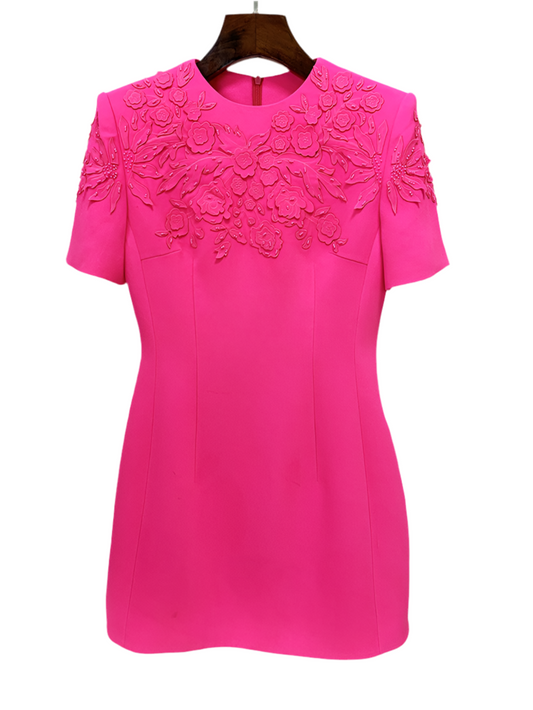 Elegant Three-dimensional Floral Fluorescent Powder Short Sleeve Dress