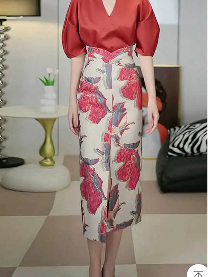 Red Printed High Waist Slit Sheath Skirt