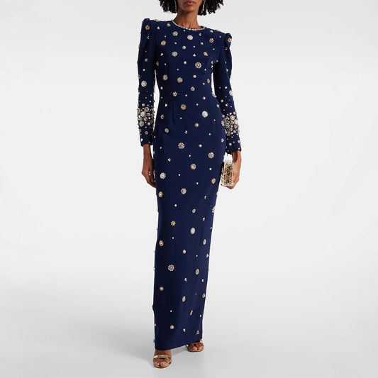 Fashion Temperament Beads Diamond Slim Long Dress