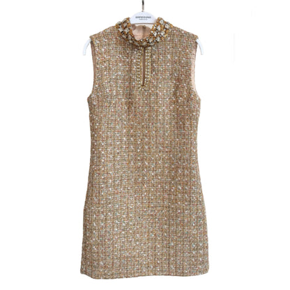 Classic Style Tweed Rhinestone Lace Sleeveless Vest Dress