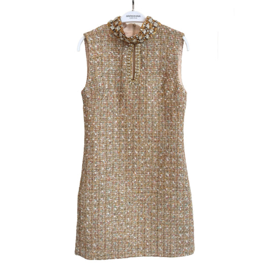 Classic Style Tweed Rhinestone Lace Sleeveless Vest Dress