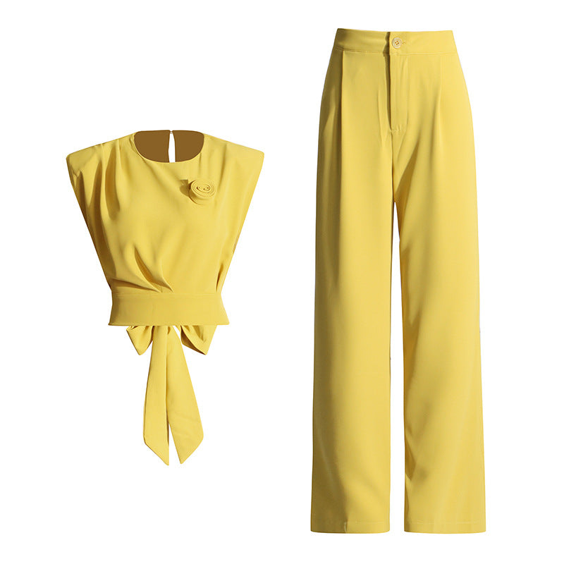 Casual Two-piece Suit Sleeveless Bow Short Top High Waist Straight Pants Suit