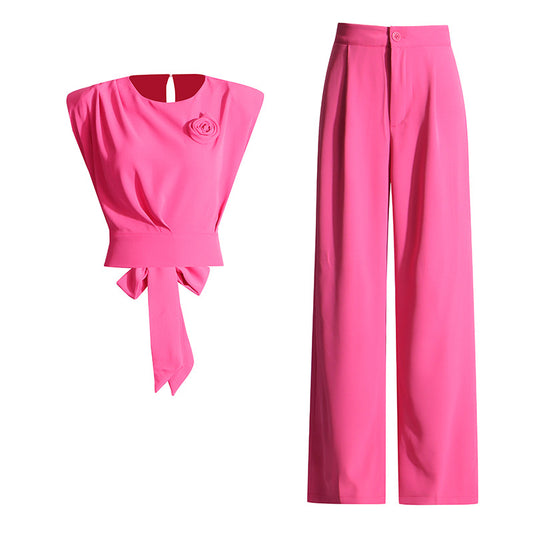 Casual Two-piece Suit Sleeveless Bow Short Top High Waist Straight Pants Suit