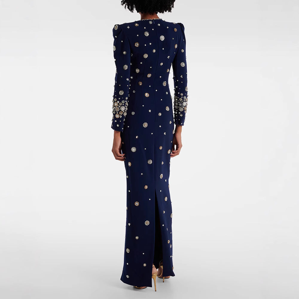 Fashion Temperament Beads Diamond Slim Long Dress