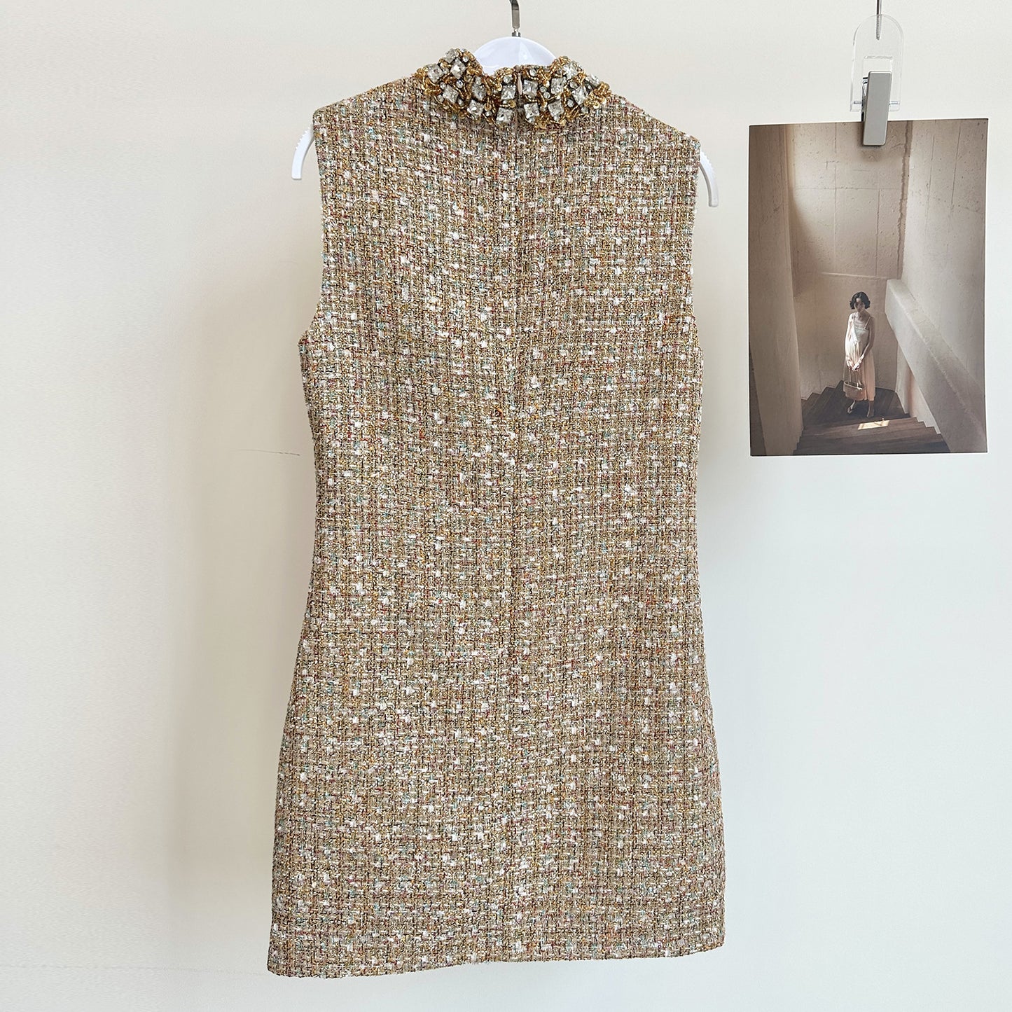 Classic Style Tweed Rhinestone Lace Sleeveless Vest Dress
