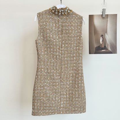 Classic Style Tweed Rhinestone Lace Sleeveless Vest Dress