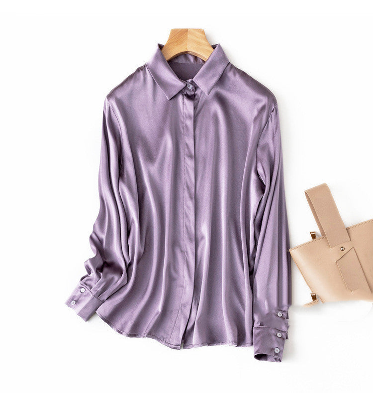 Silk Stretch Plain Crepe Satin Simple Light Luxury Long-sleeved Square Collar Shirt Female Commuter