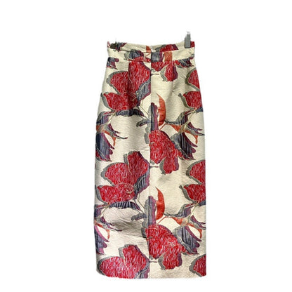 Red Printed High Waist Slit Sheath Skirt